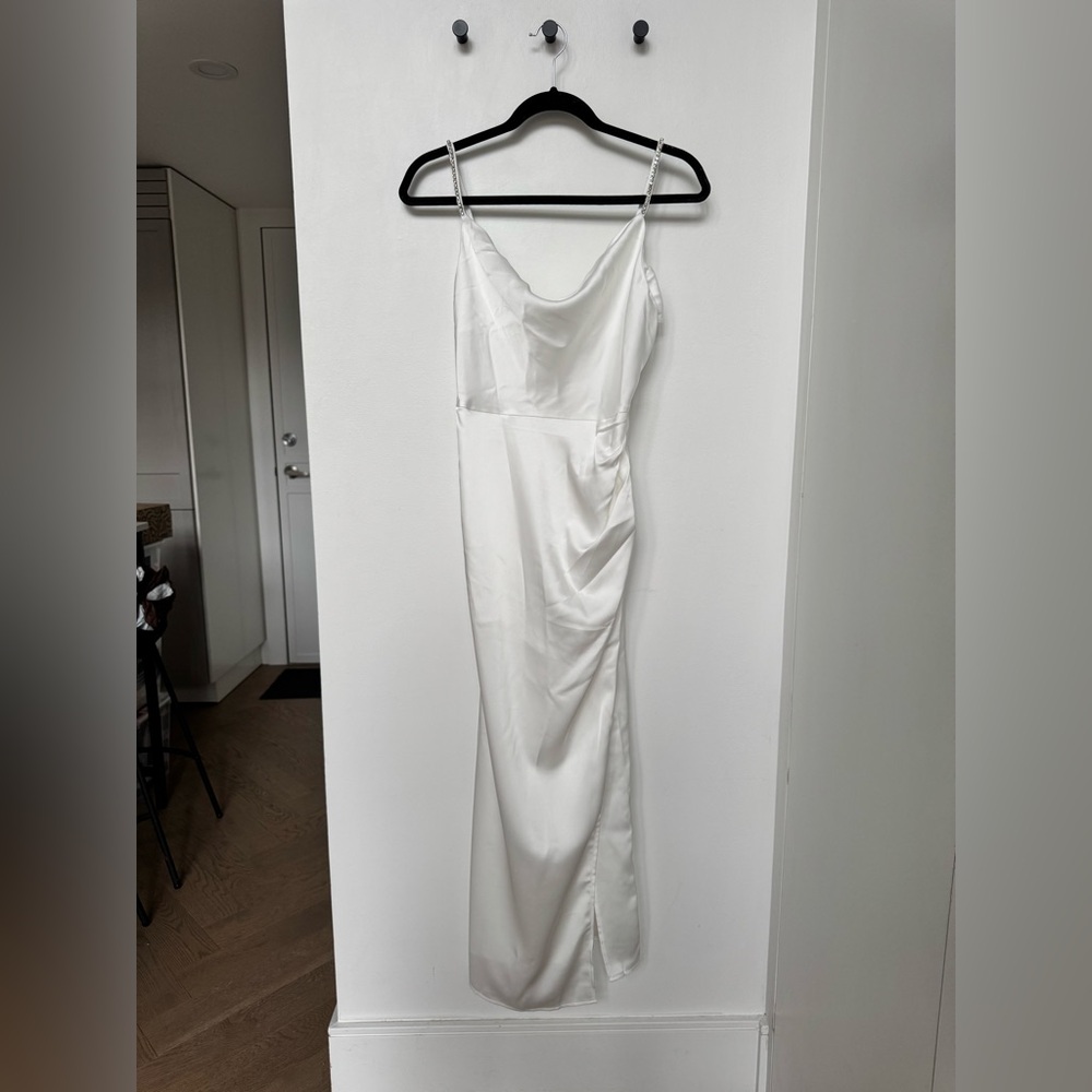 Elegant White Satin Slip Dress with Rhinestone Straps